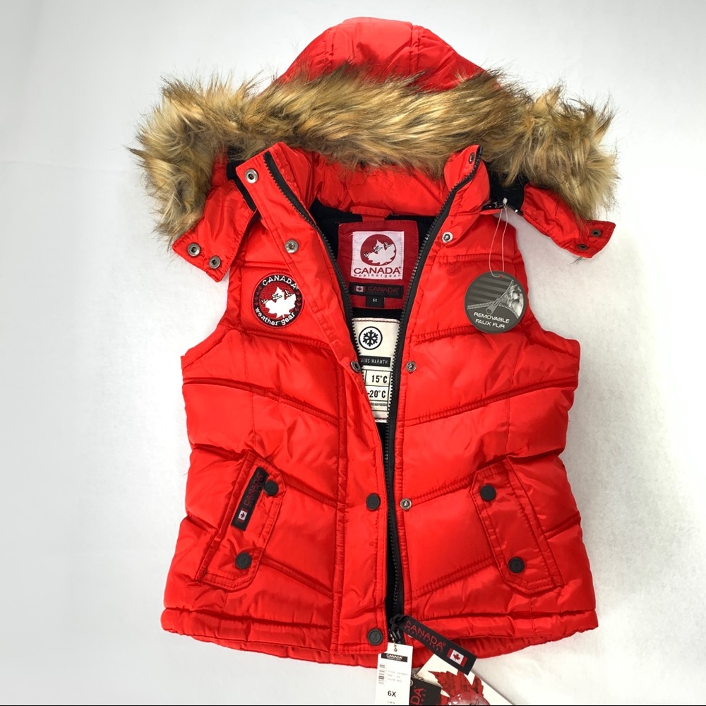 Canada Weather Gear Girls Red Puffer Vest Size 6X Faux Fur Zipper